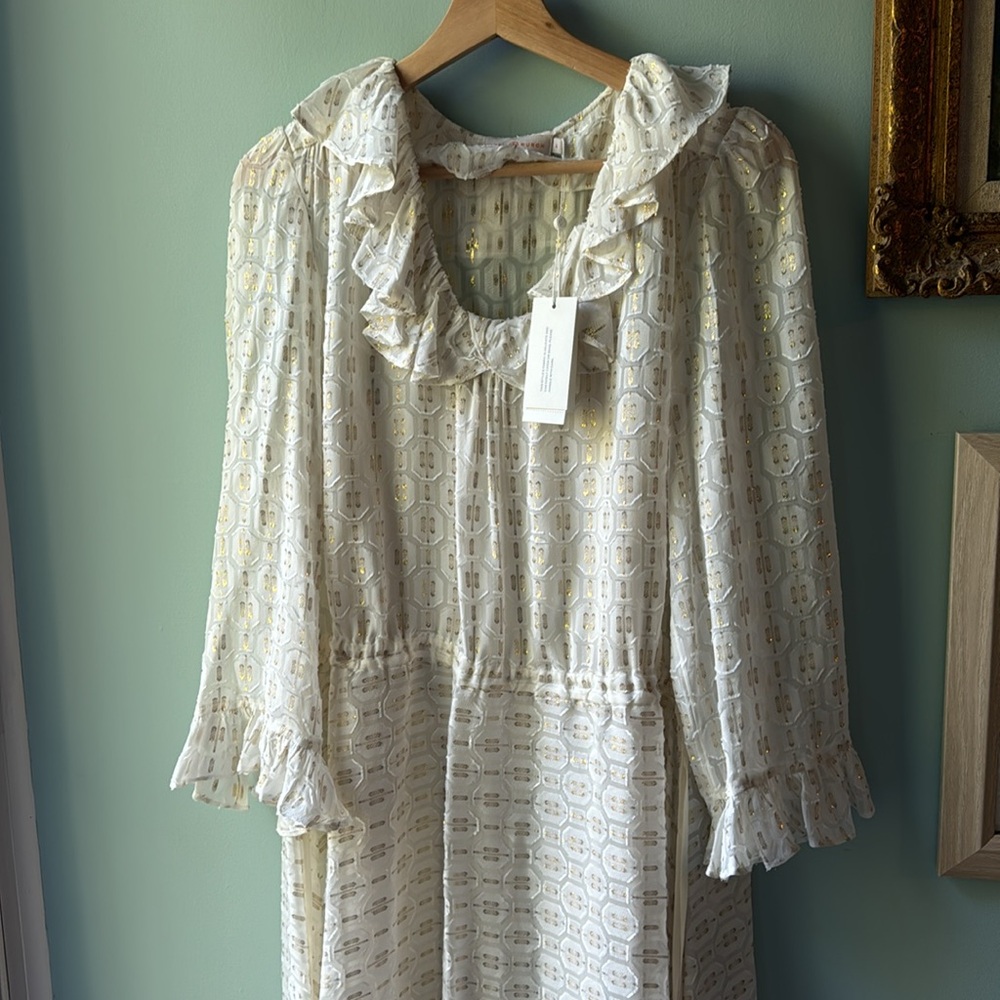 Tory Burch Cream and Gold Ruffle Dress